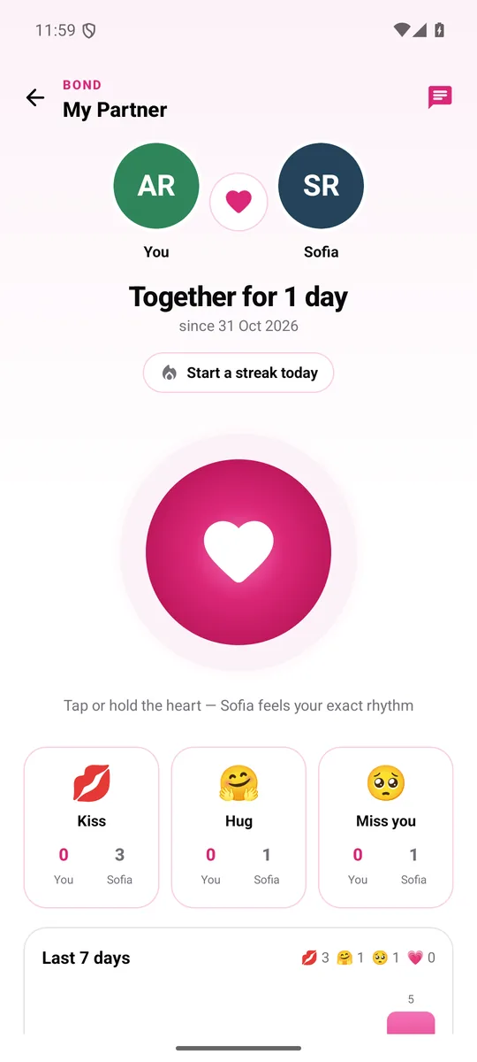 The Bond screen with two profile photos and a big heart button