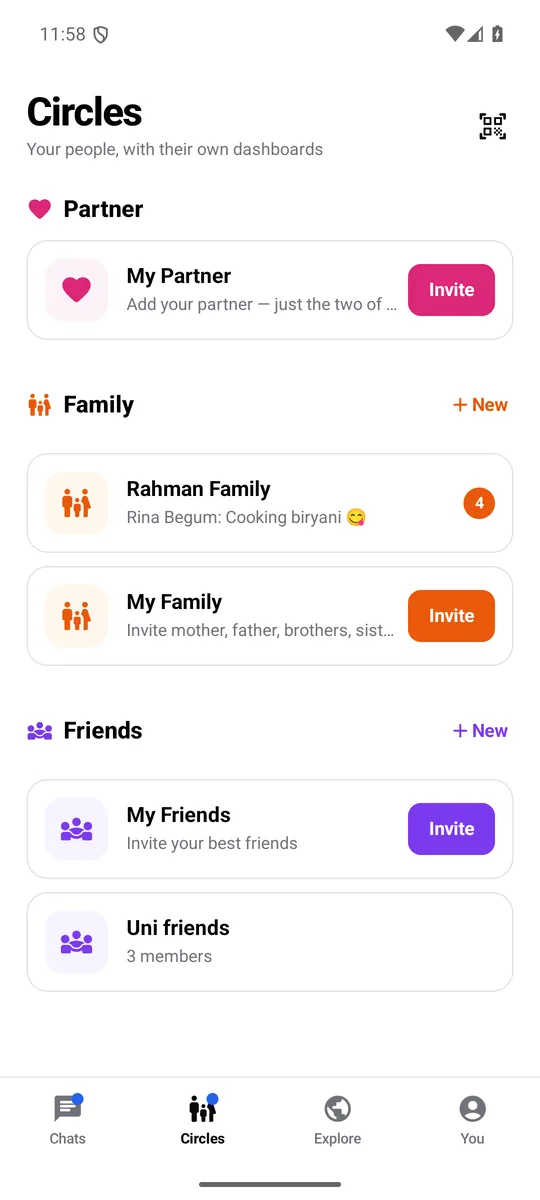 Circles screen with Partner, Family and Friends groups