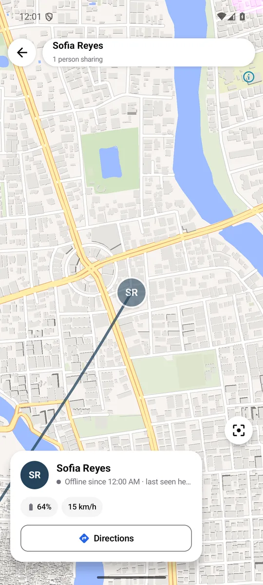 A live map showing a friend's location, battery and speed