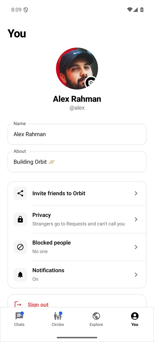 Profile screen with privacy settings