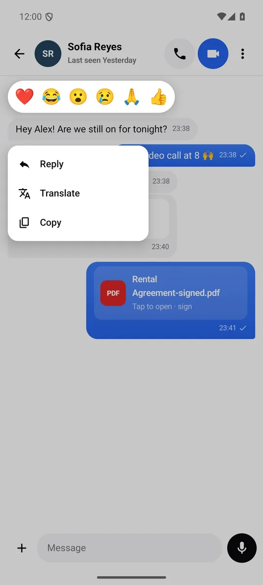 Message reactions and reply menu