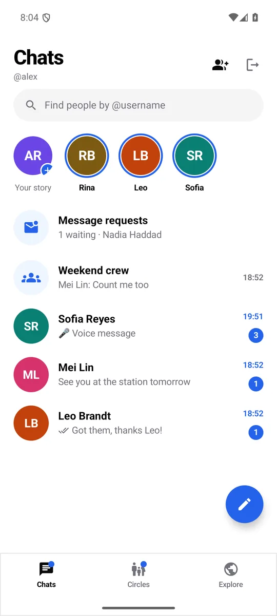 Chats list with stories at the top